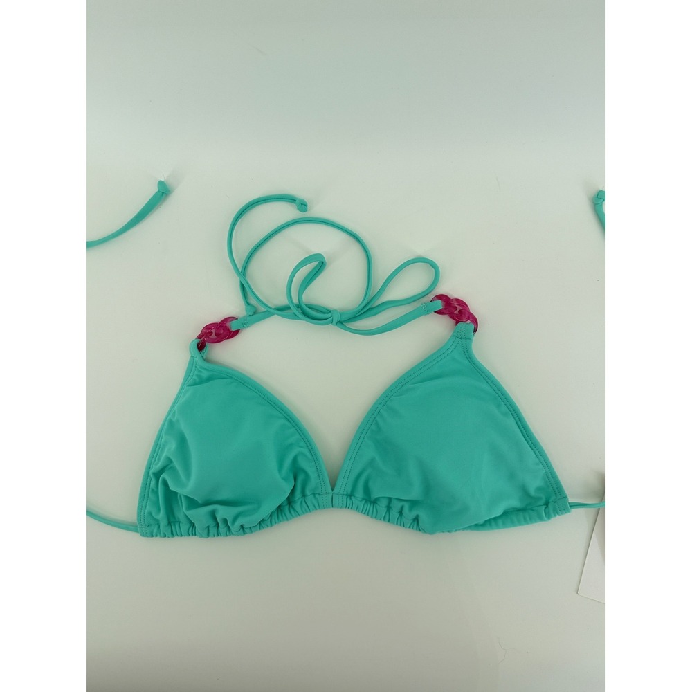 Salt + Cove Aqua String Triangle Bikini Top with Pink Chain Detail Size L NEW